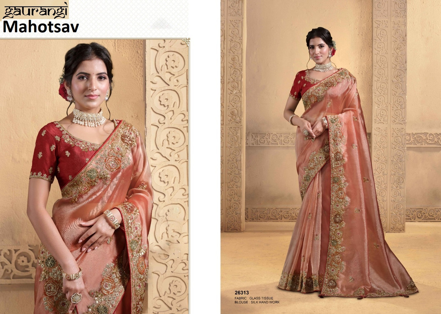 26313 Mohmanthan Gaurangi Mahotsav Twill Tissue Sarees