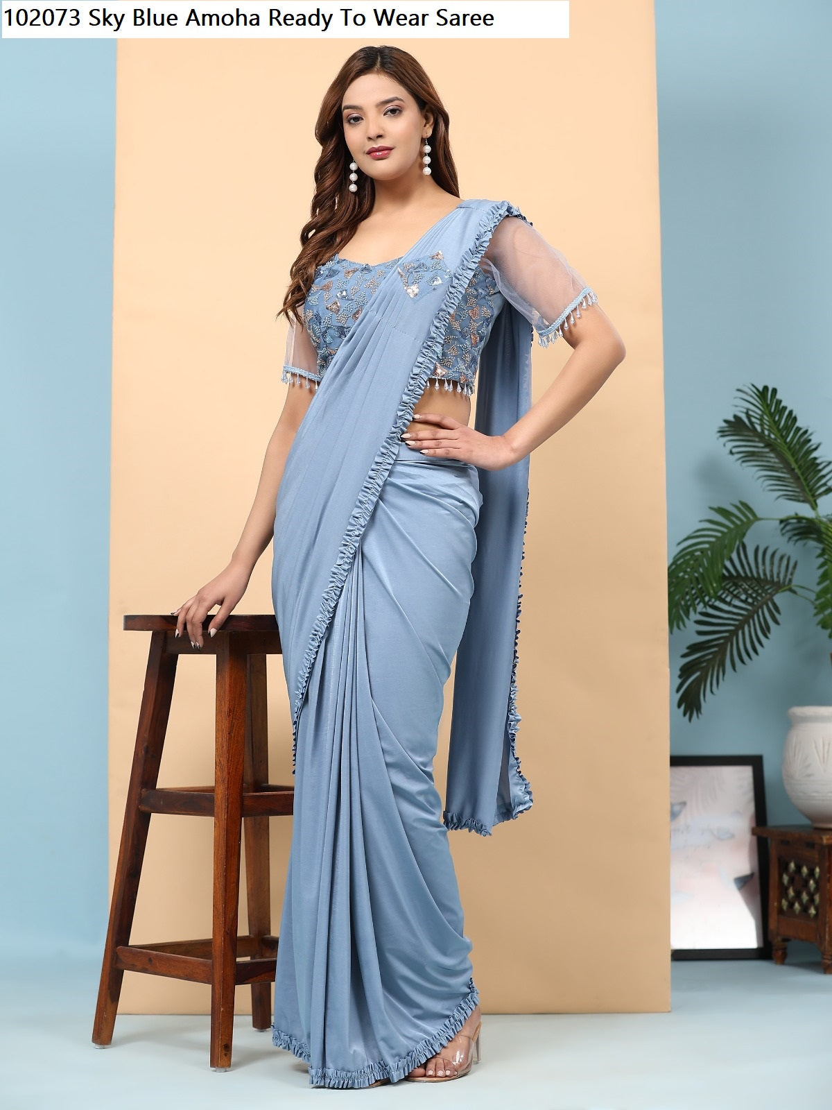 102073 Sky Blue Amoha Ready To Wear Saree