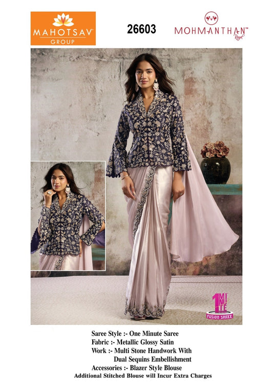 26603 Mohmanthan Selene Mahotsav Metalic Glossy Satin Ready To Wear Saree