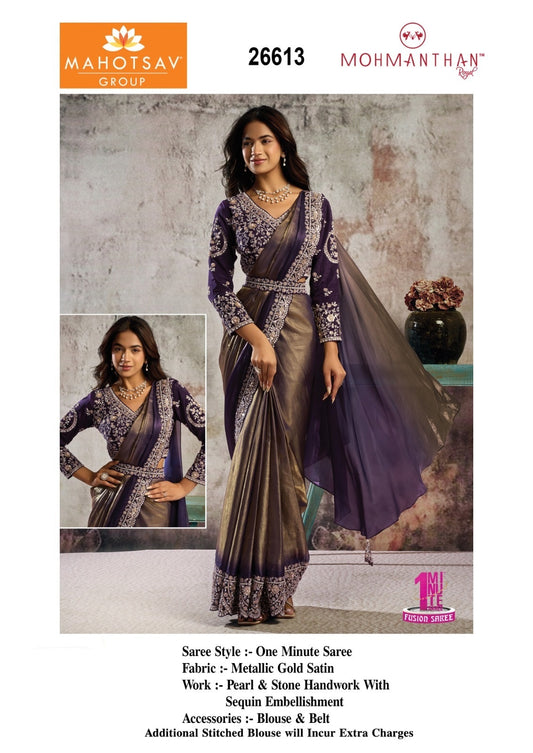 26613 Mohmanthan Selene Mahotsav Metalic Gold Satin Ready To Wear Saree