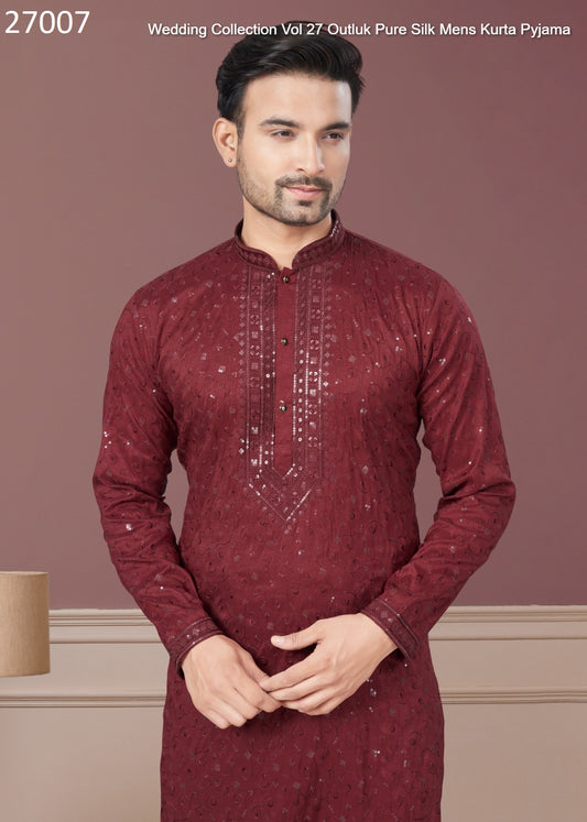 27007 Wedding Collection Vol 27 Outluk Pure Silk Mens Kurta Pyjama