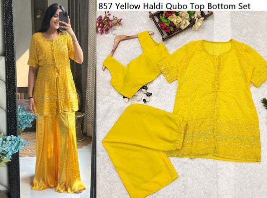 857 Yellow Haldi Qubo Top Bottom Set