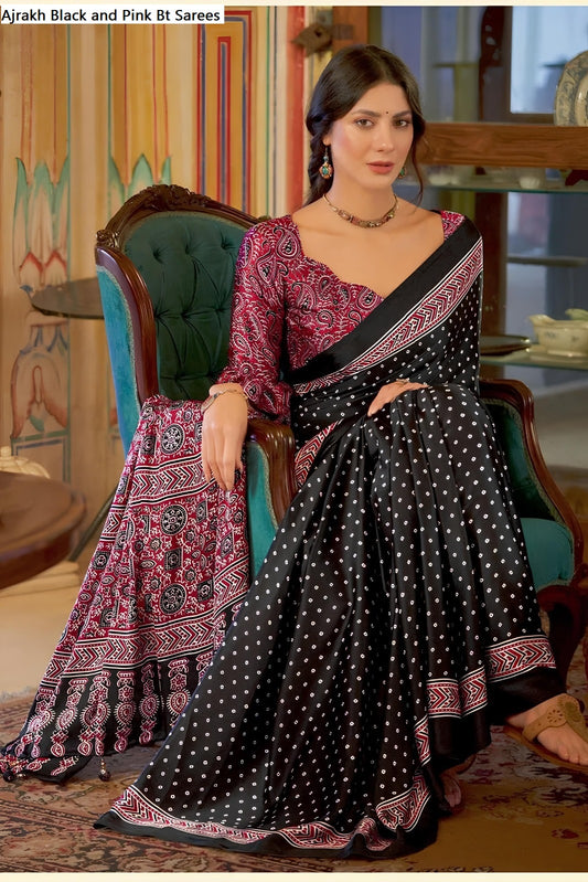 Ajrakh Black And Pink Bt Sarees