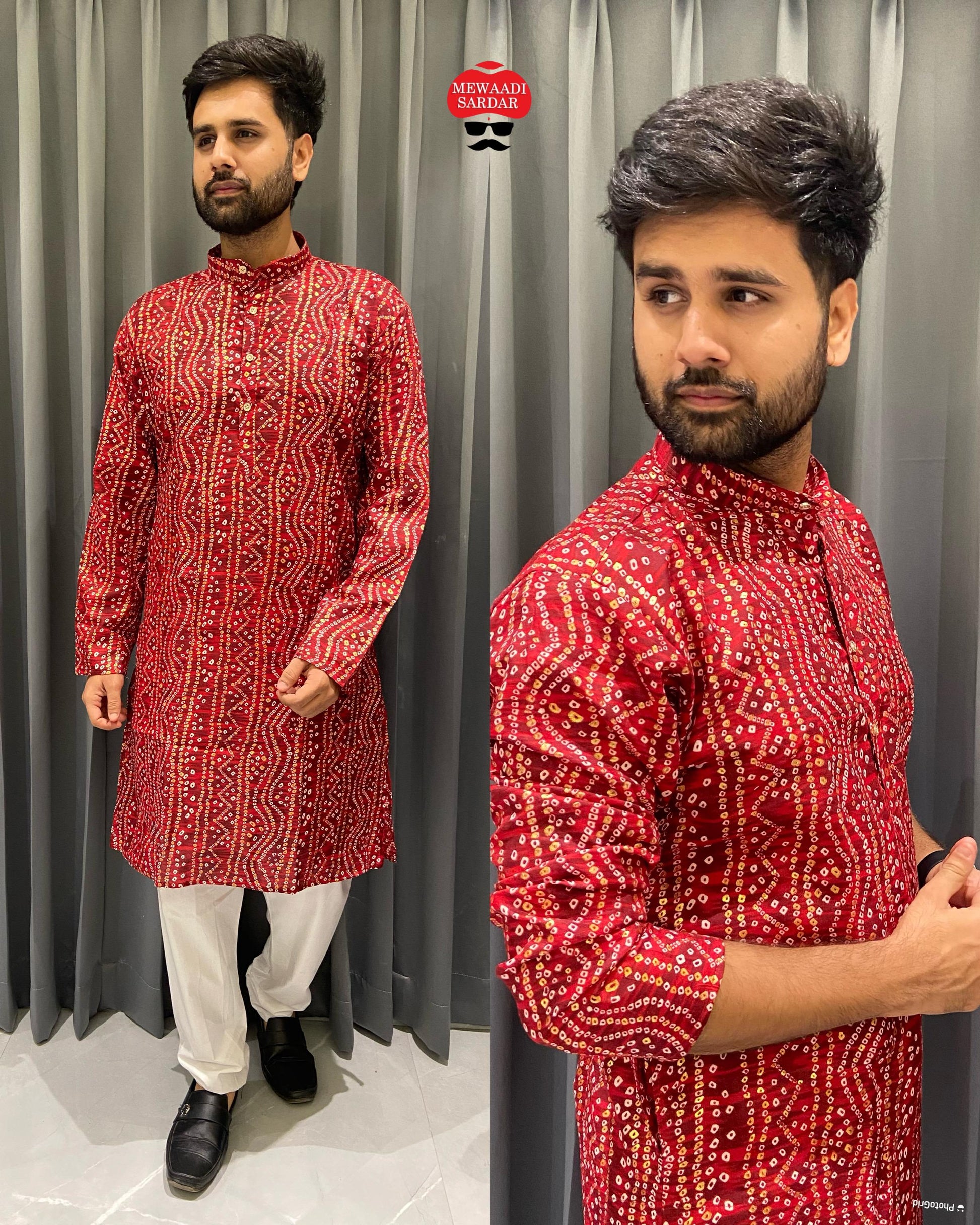 Being Bandhani Print Red Bluehills Mens Kurta