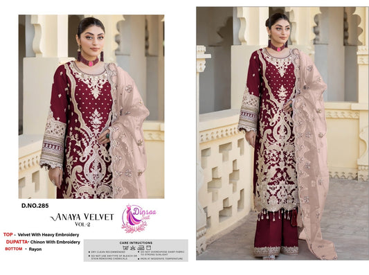 285 Anaya Vol 2 Dinsaa Suit Embroidery Velvet Suits