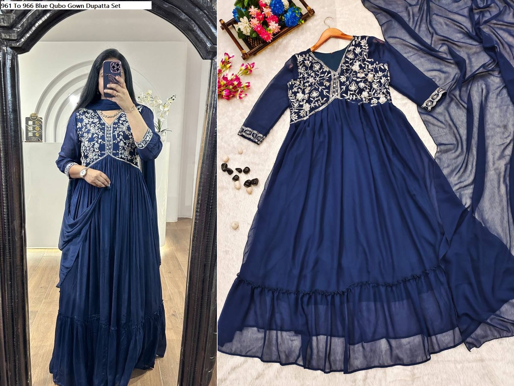 966 Berry Blue Qubo Gown Dupatta Set