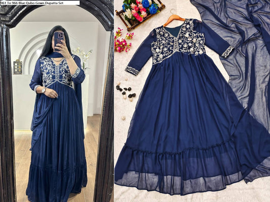 966 Berry Blue Qubo Gown Dupatta Set