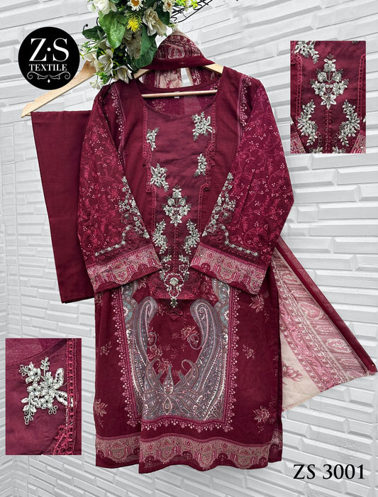 3001 Maroon Zs Textile Printed Pakistani Readymade Suits
