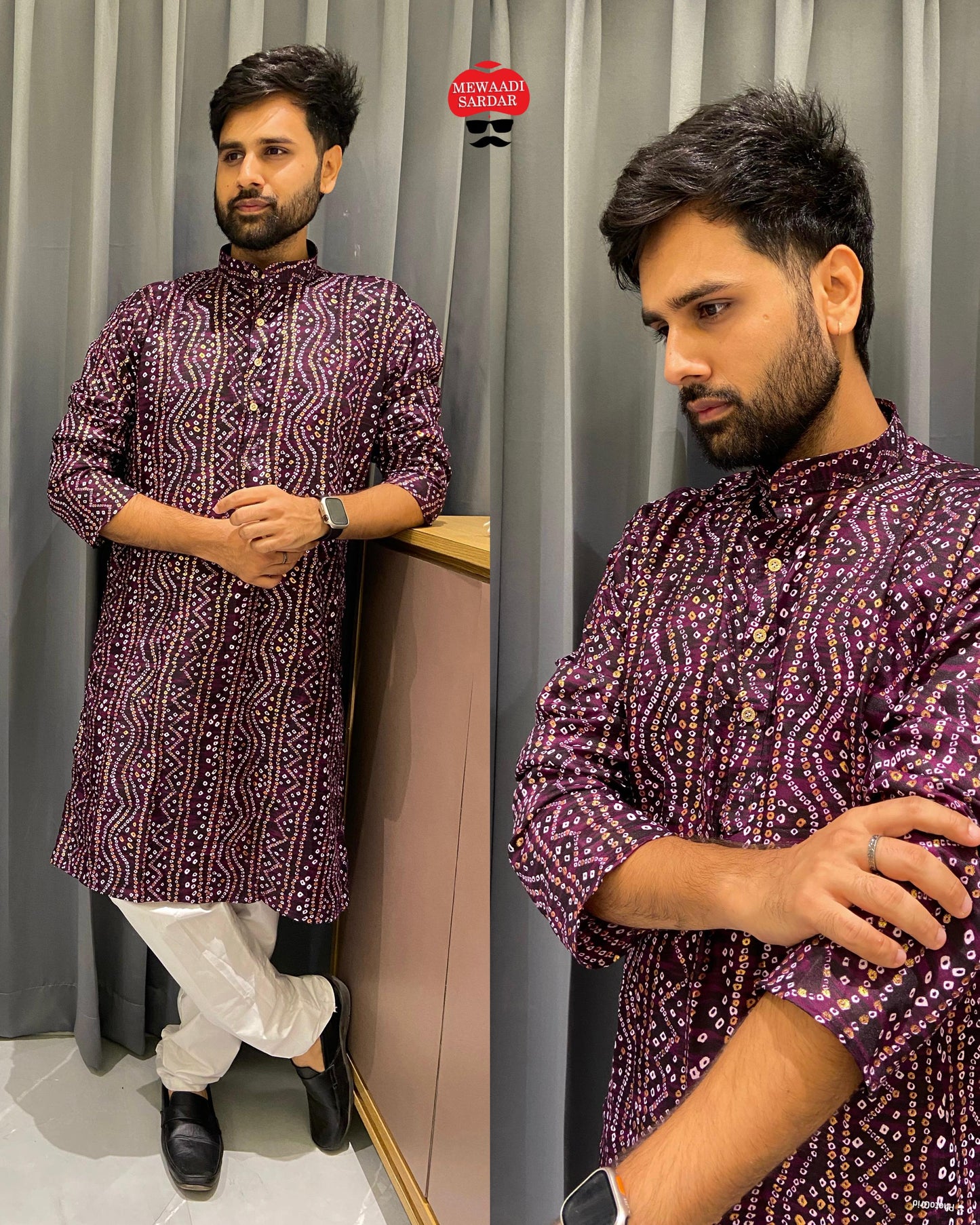 Being Bandhani Print Wine Bluehills Mens Kurta