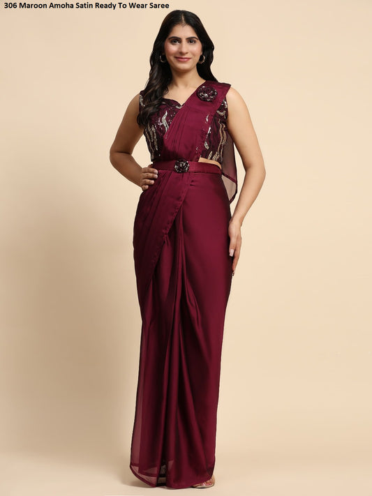 306 Maroon Amoha Satin Ready To Wear Saree