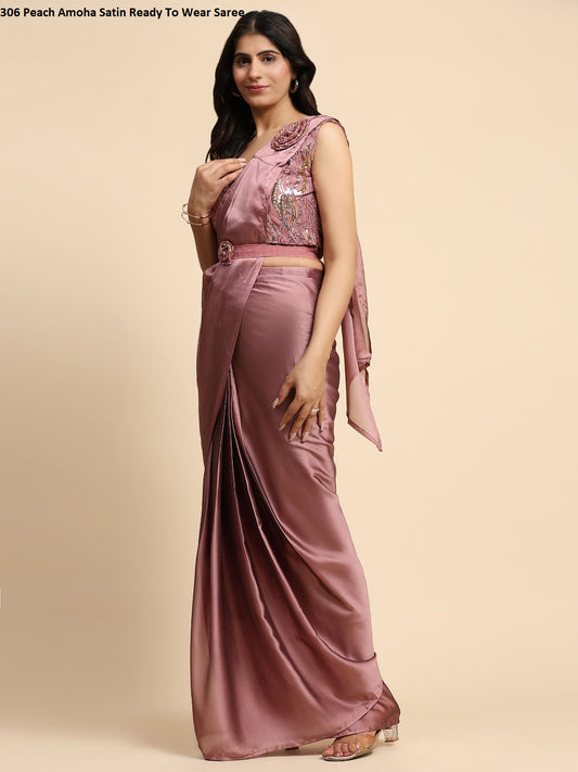 306 Peach Amoha Satin Ready To Wear Saree