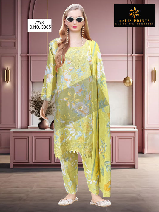 3085 Yellow Aaliz Print Printed Pakistani Patch Suits