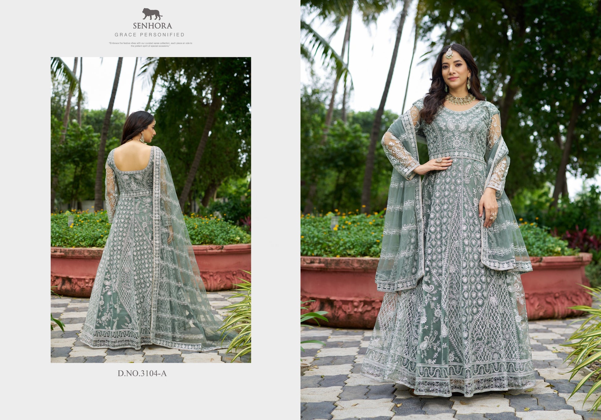 3104-A Dusty Green Senhora Anarkali Gown Dupatta Set