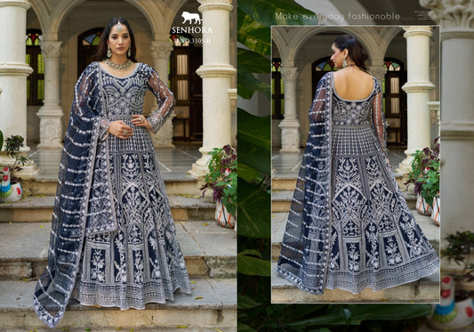 3105-A Navy Blue Mehfil Vol 3 Senhora Pakistani Gown Dupatta Set