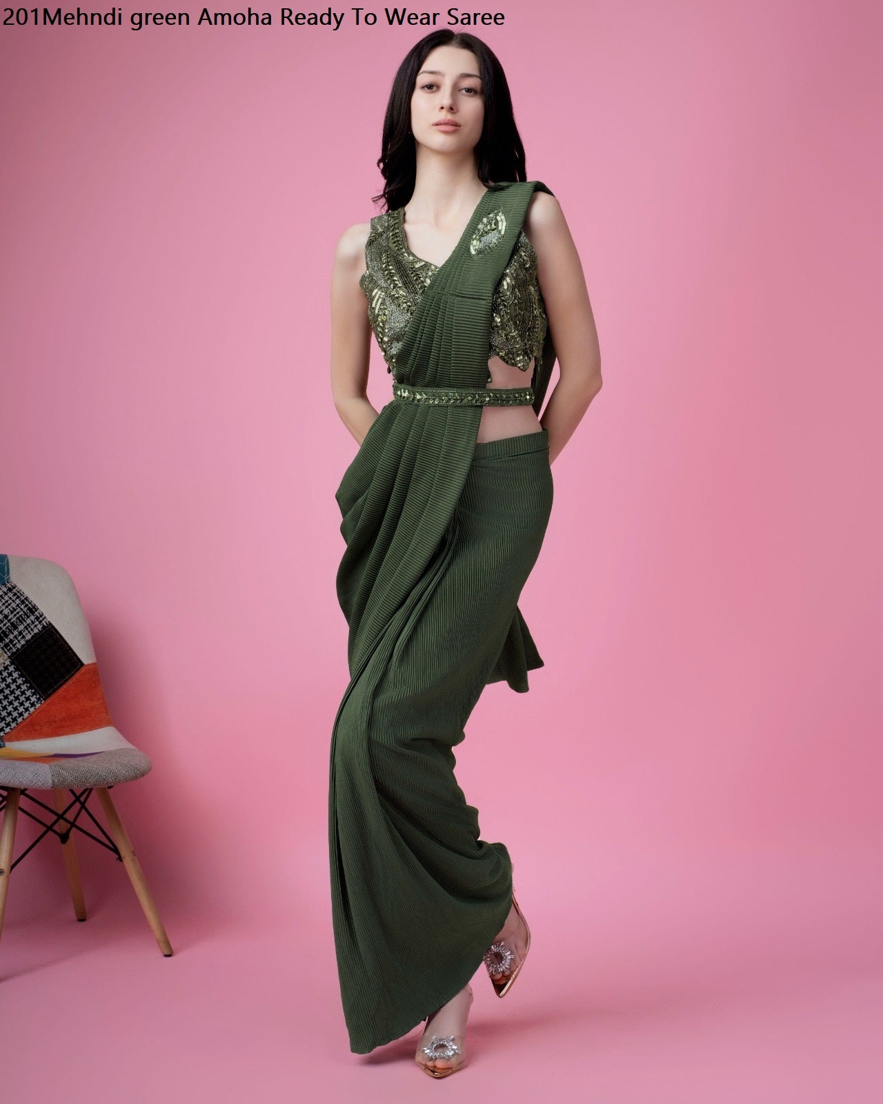 201Mehndi Green Amoha Ready To Wear Saree