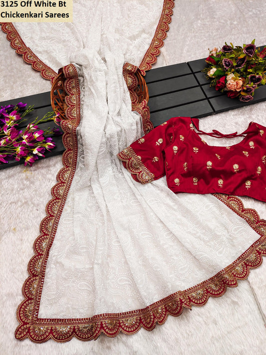3125 Off White Bt Chickenkari Sarees