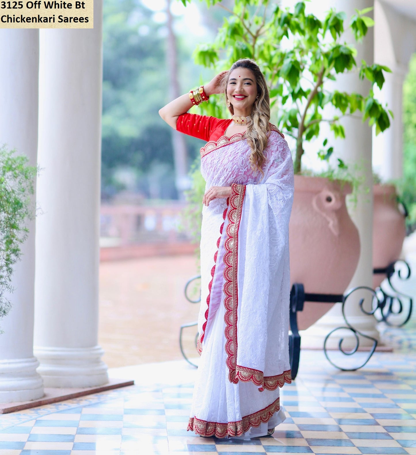 3125 Off White Bt Chickenkari Sarees