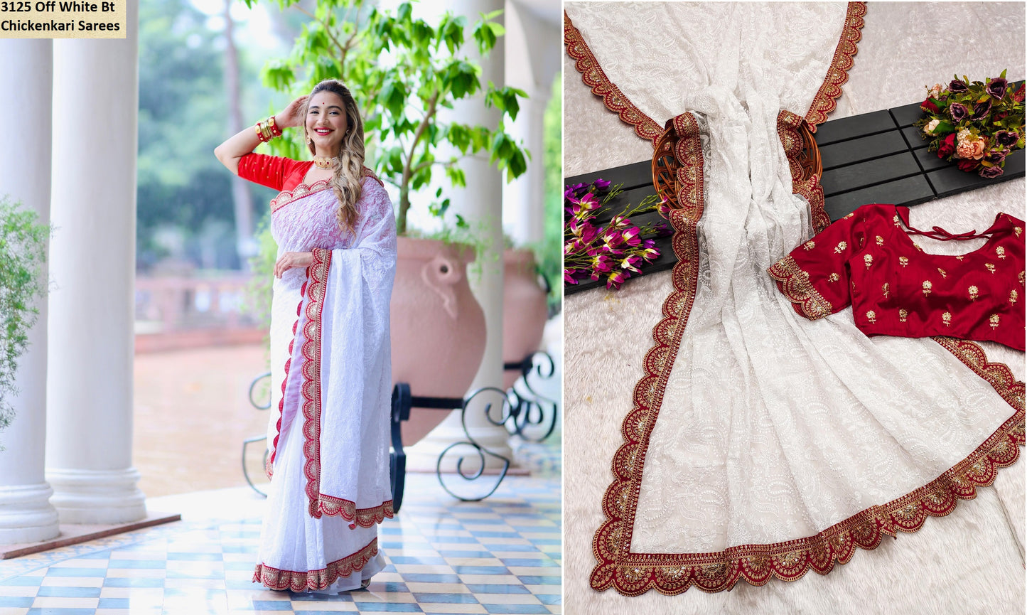 3125 Off White Bt Chickenkari Sarees