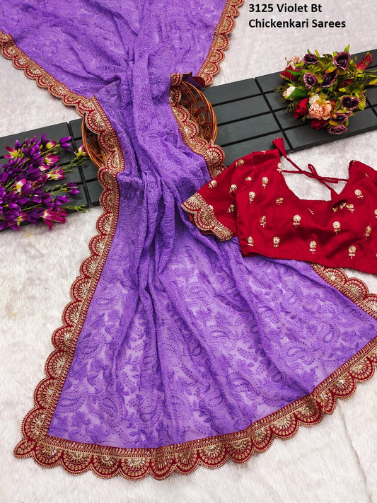 3125 Violet Bt Chickenkari Sarees