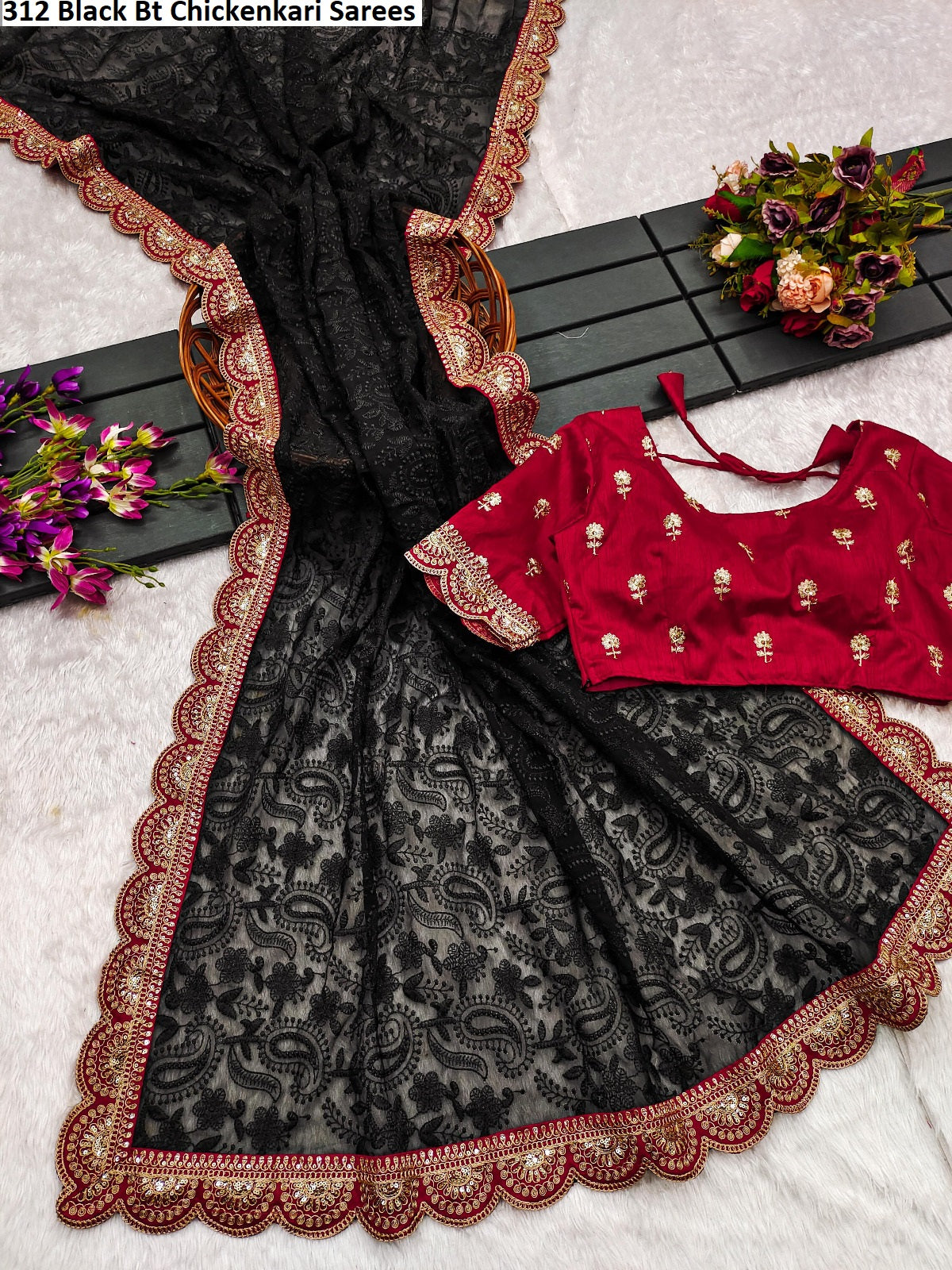 312 Black Bt Chickenkari Sarees