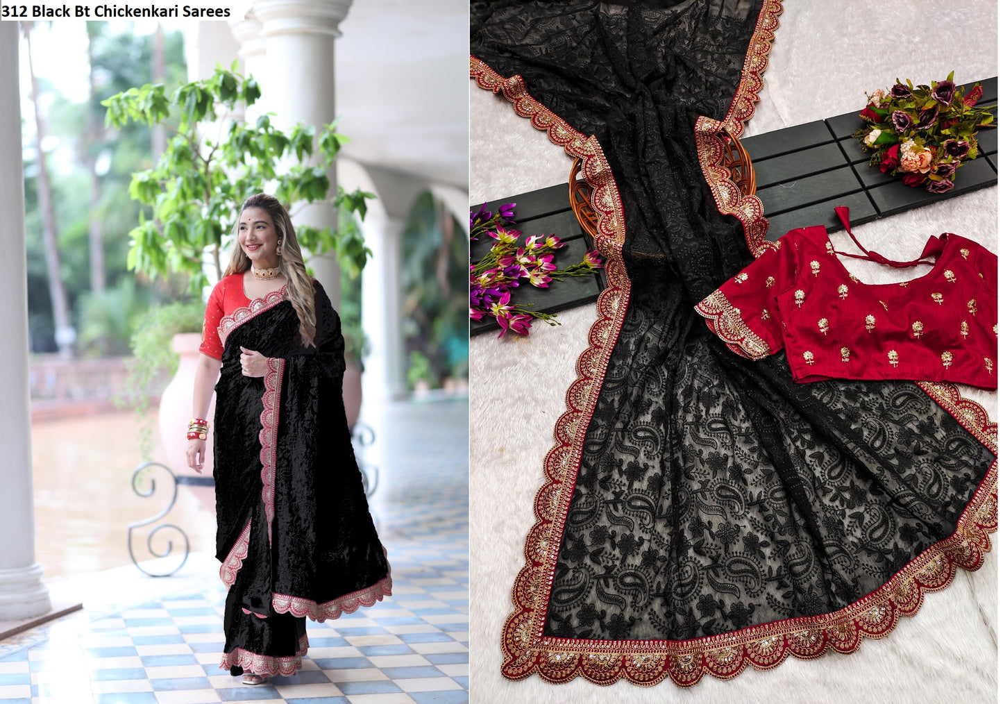 312 Black Bt Chickenkari Sarees