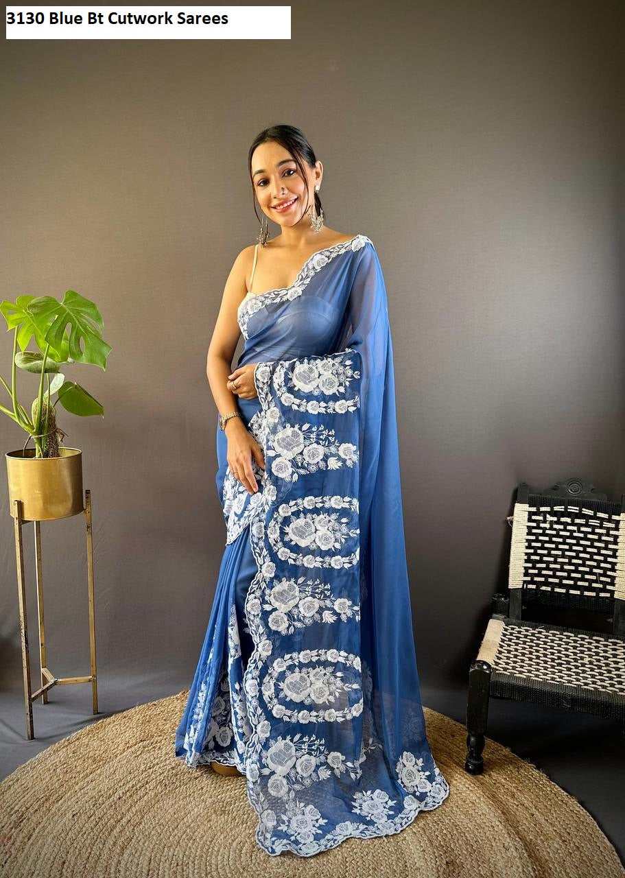 3130 Blue Bt Cutwork Sarees