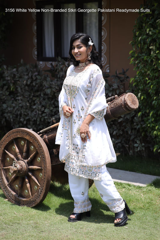3156 White Yellow Non-Branded Stkri Georgette Pakistani Readymade Suits