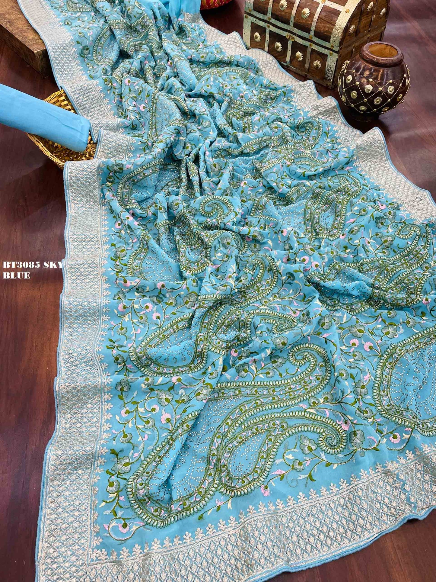 3085 Sky Blue Bt Sarees