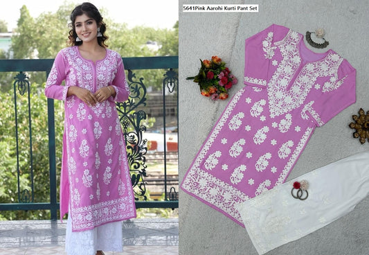 5641Pink Aarohi Kurti Pant Set