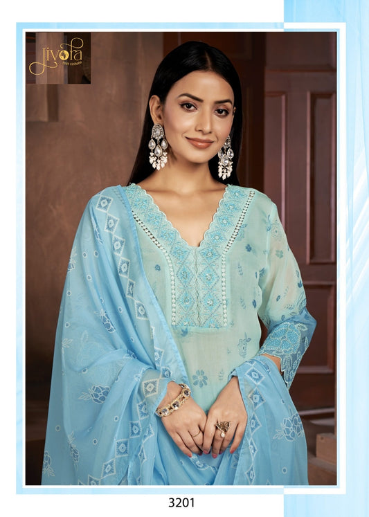 3201 Ice Blue Jivora Pure Organza Readymade Suits