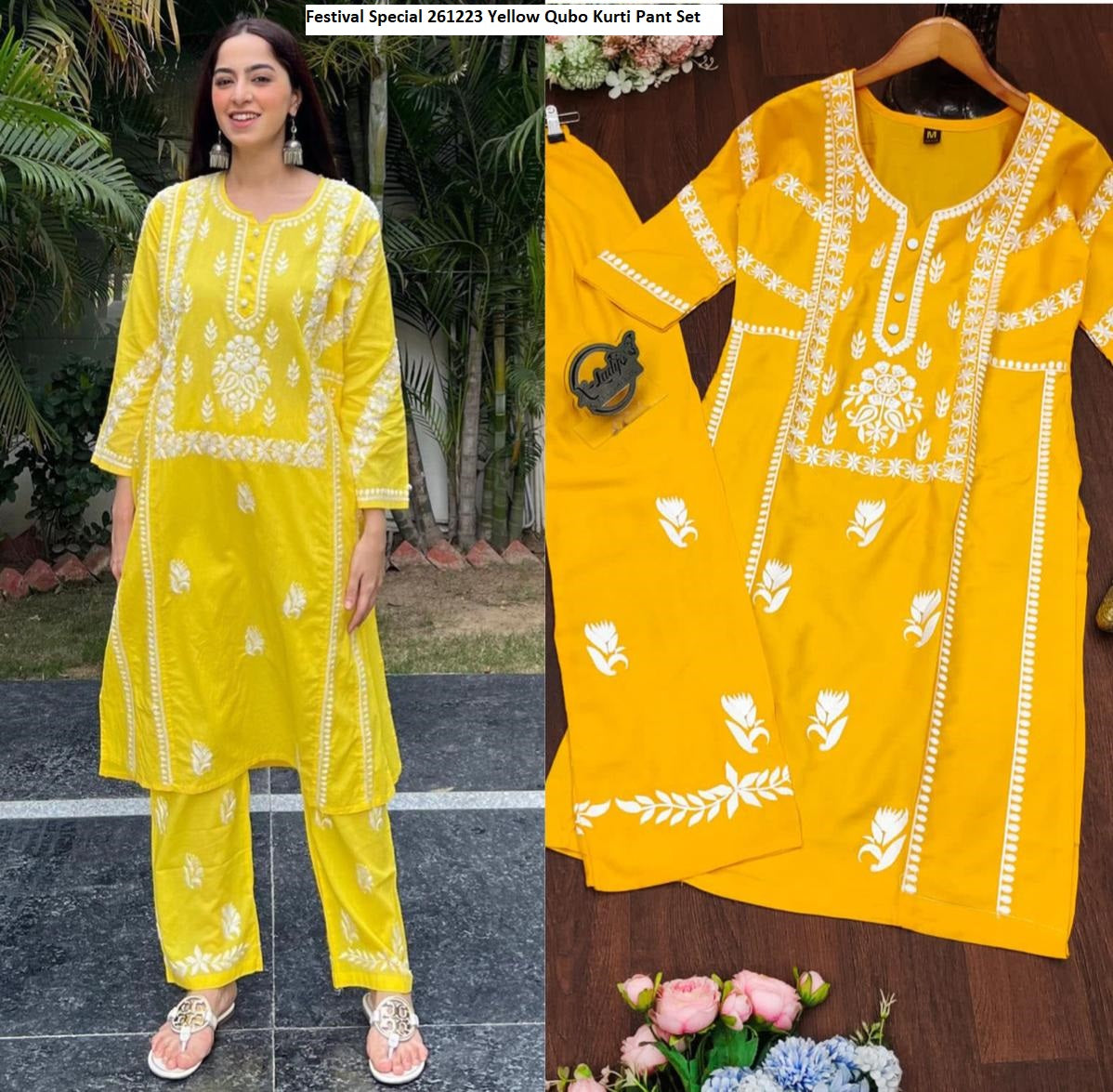 Festival Special 261223 Yellow Qubo Kurti Pant Set