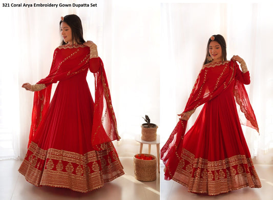 321 Coral Arya Embroidery Gown Dupatta Set