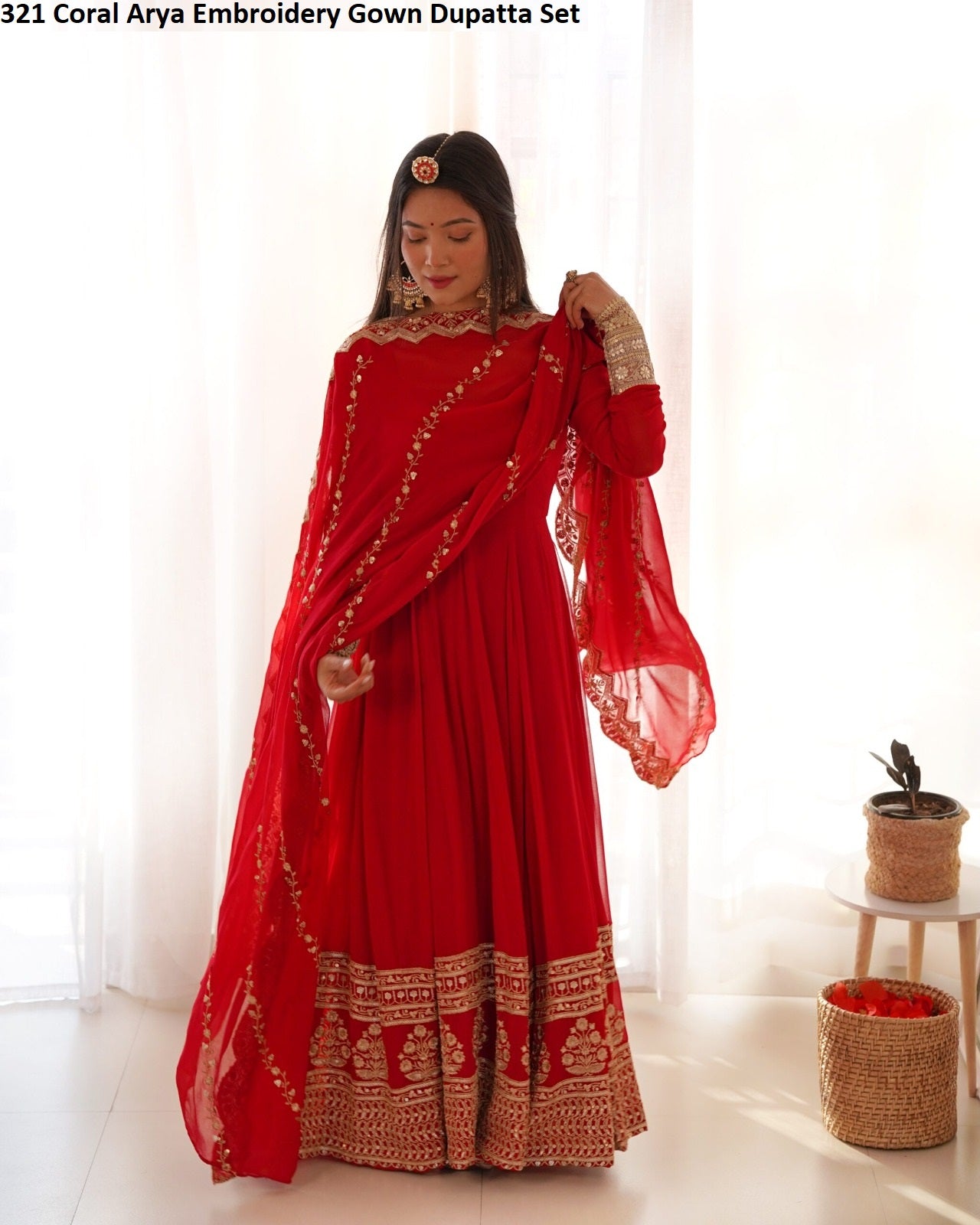 321 Coral Arya Embroidery Gown Dupatta Set