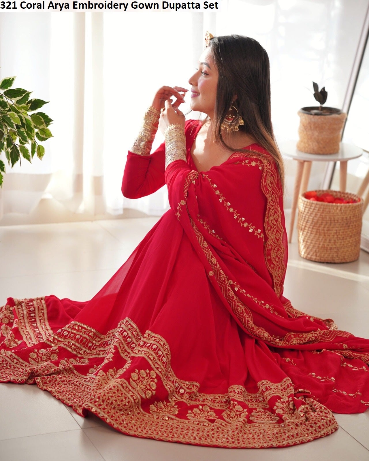 321 Coral Arya Embroidery Gown Dupatta Set