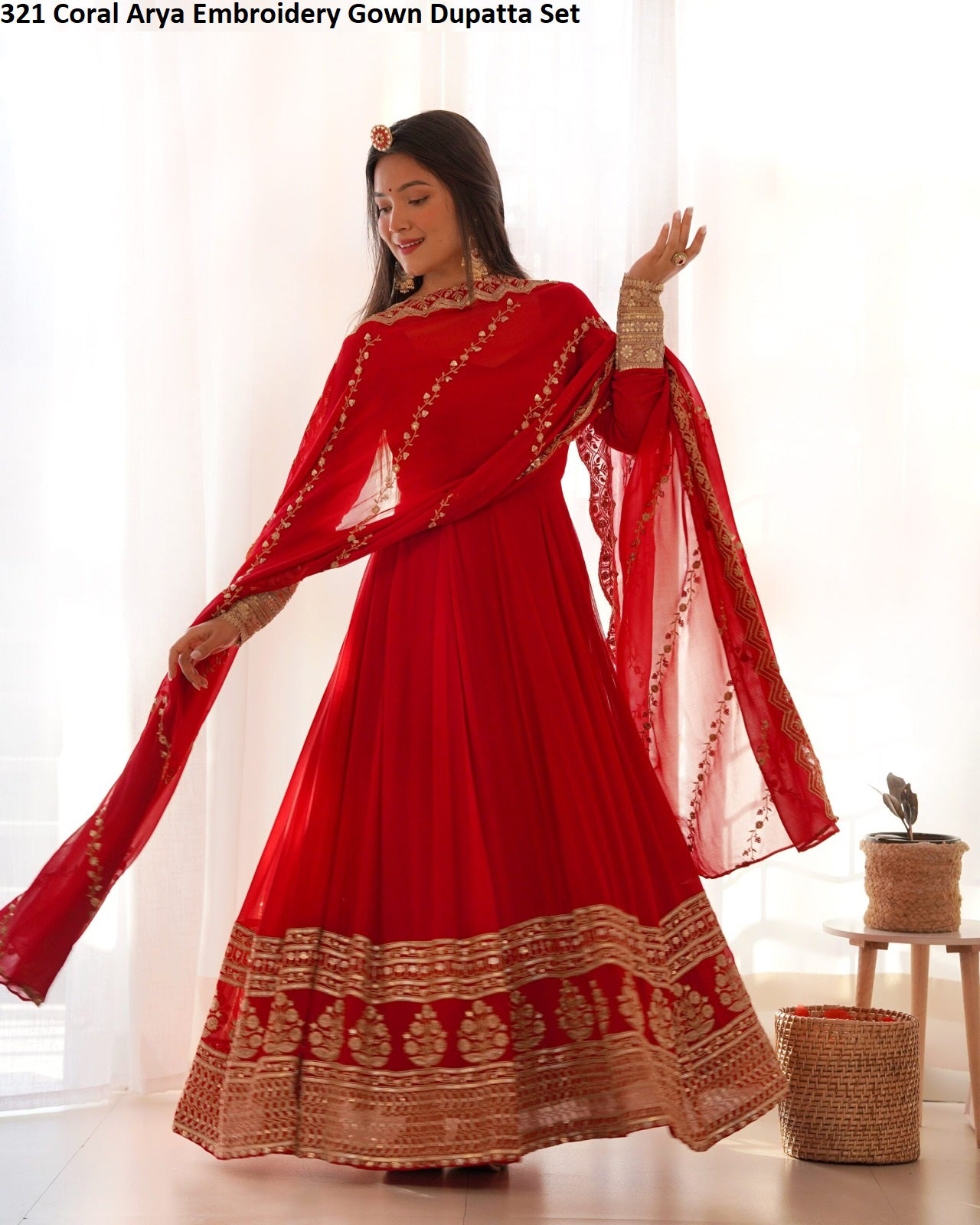 321 Coral Arya Embroidery Gown Dupatta Set
