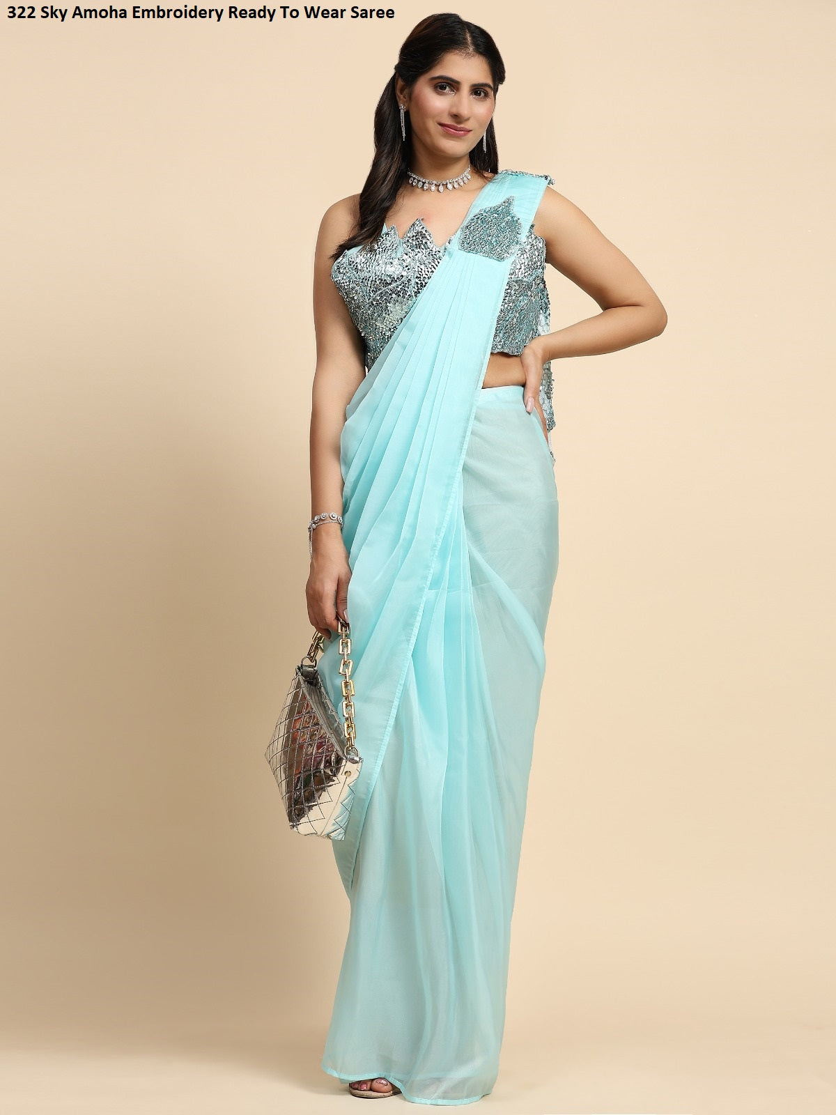 322 Sky Amoha Embroidery Ready To Wear Saree