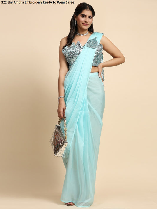322 Sky Amoha Embroidery Ready To Wear Saree