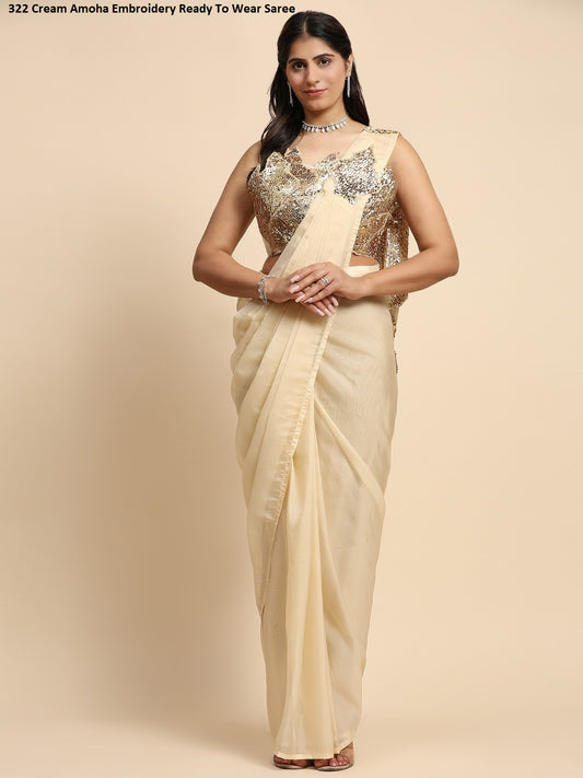 322 Cream Amoha Embroidery Ready To Wear Saree