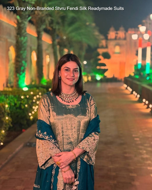 323 Gray Non-Branded Stvru Fendi Silk Readymade Suits