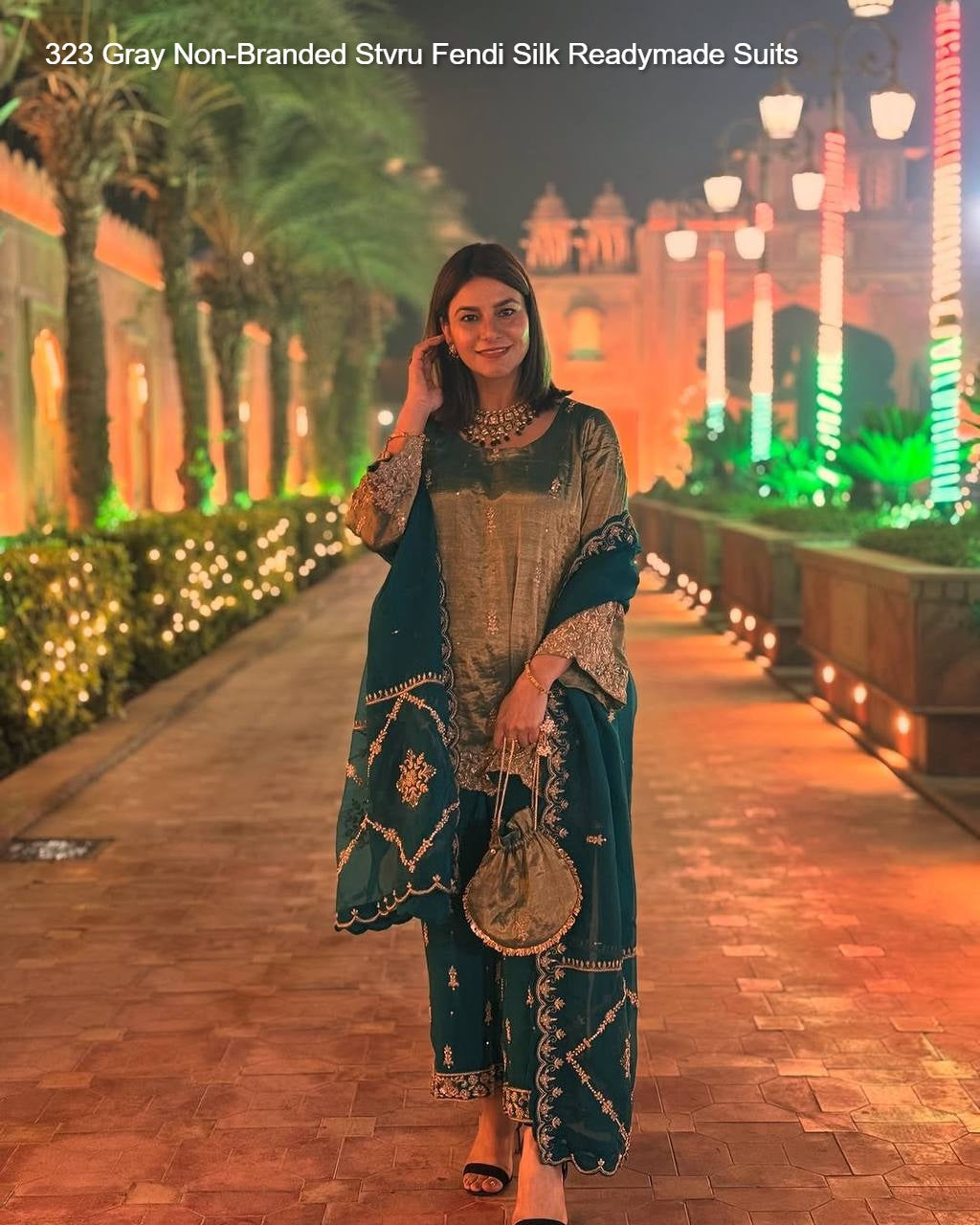 323 Gray Non-Branded Stvru Fendi Silk Readymade Suits