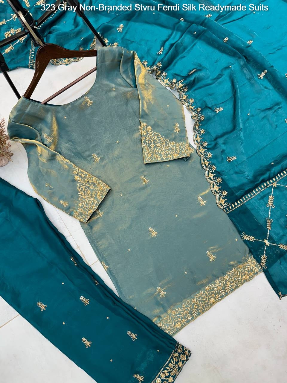 323 Gray Non-Branded Stvru Fendi Silk Readymade Suits