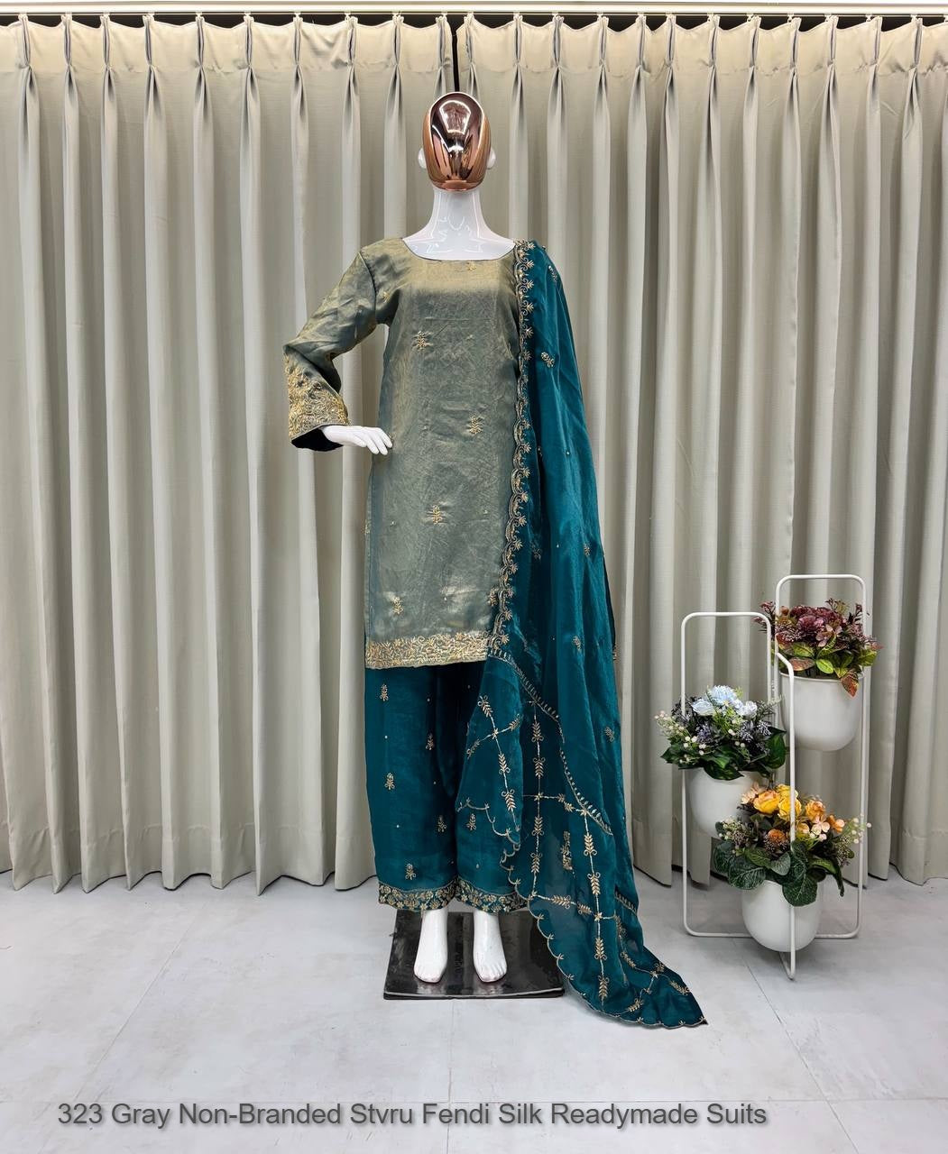 323 Gray Non-Branded Stvru Fendi Silk Readymade Suits