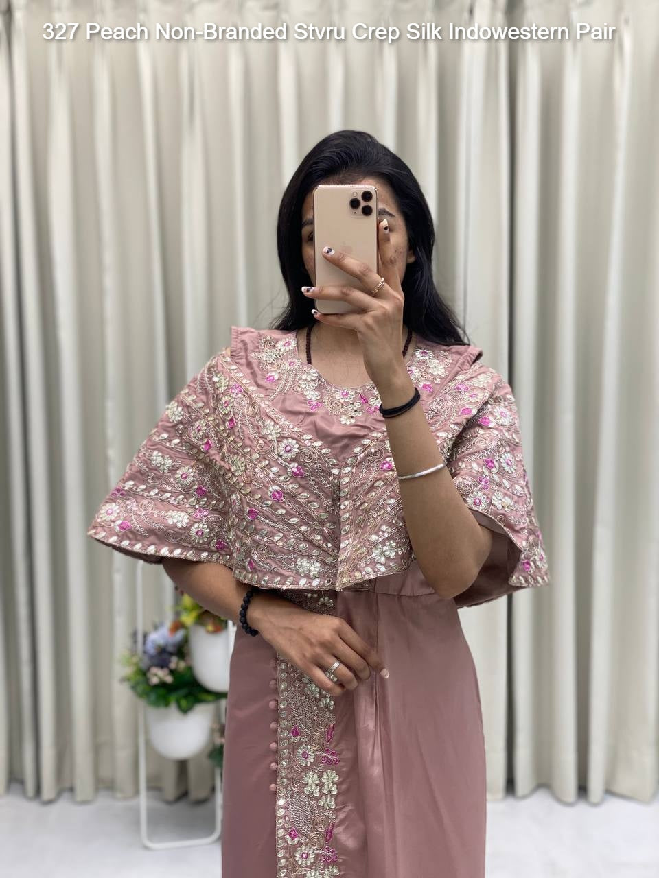 327 Peach Non-Branded Stvru Crep Silk Indowestern Pair