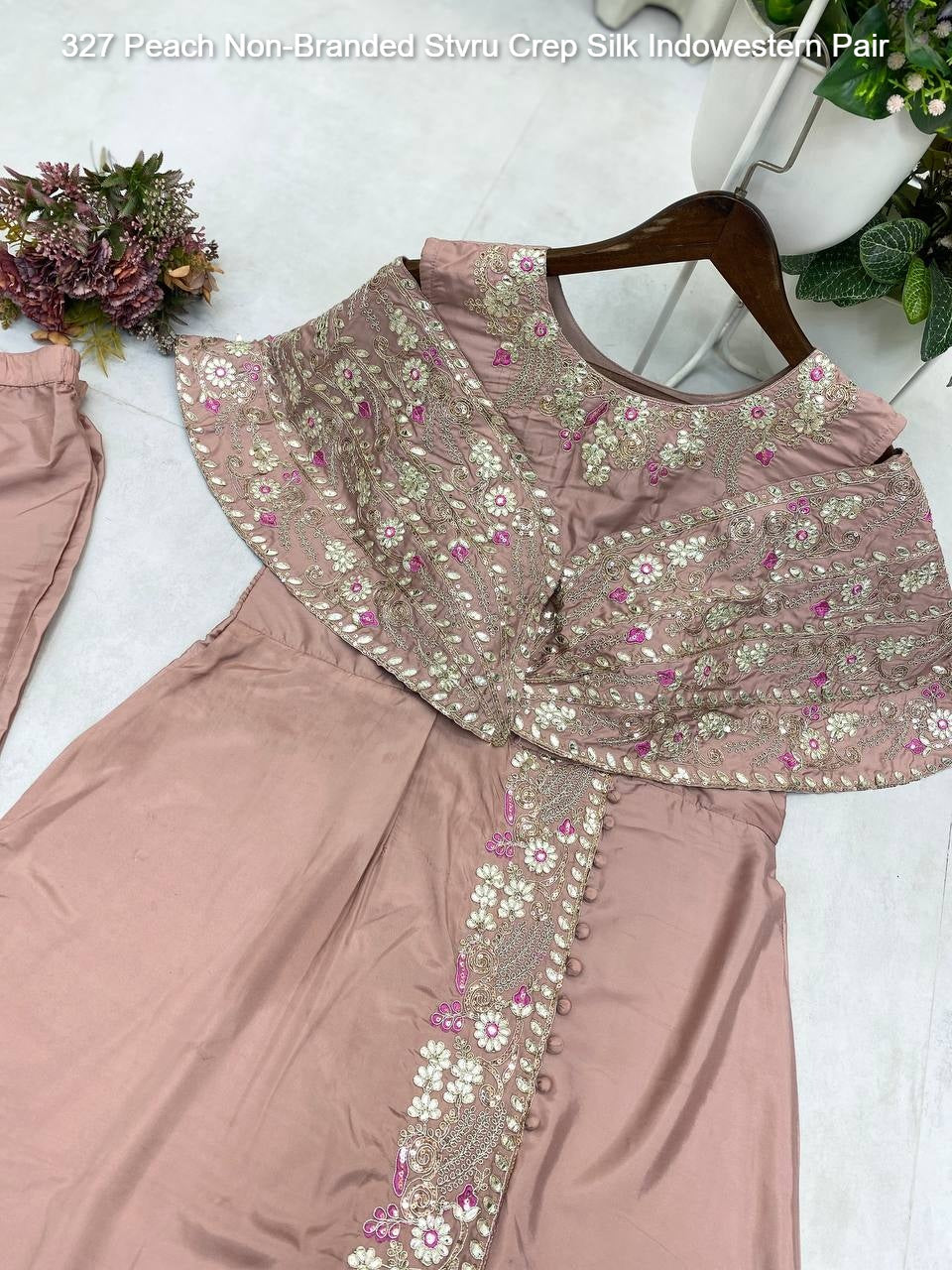 327 Peach Non-Branded Stvru Crep Silk Indowestern Pair