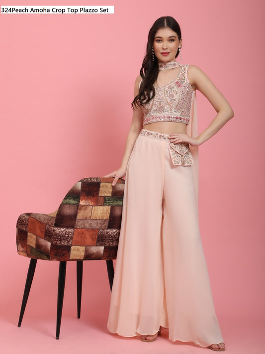 324Peach Amoha Crop Top Plazzo Set