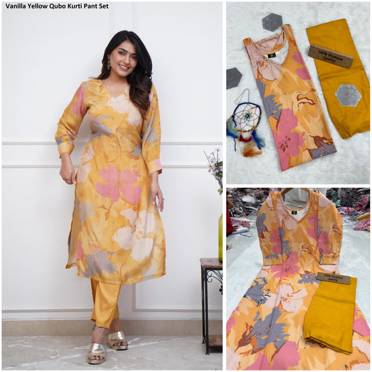 Vanilla Yellow Qubo Kurti Pant Set