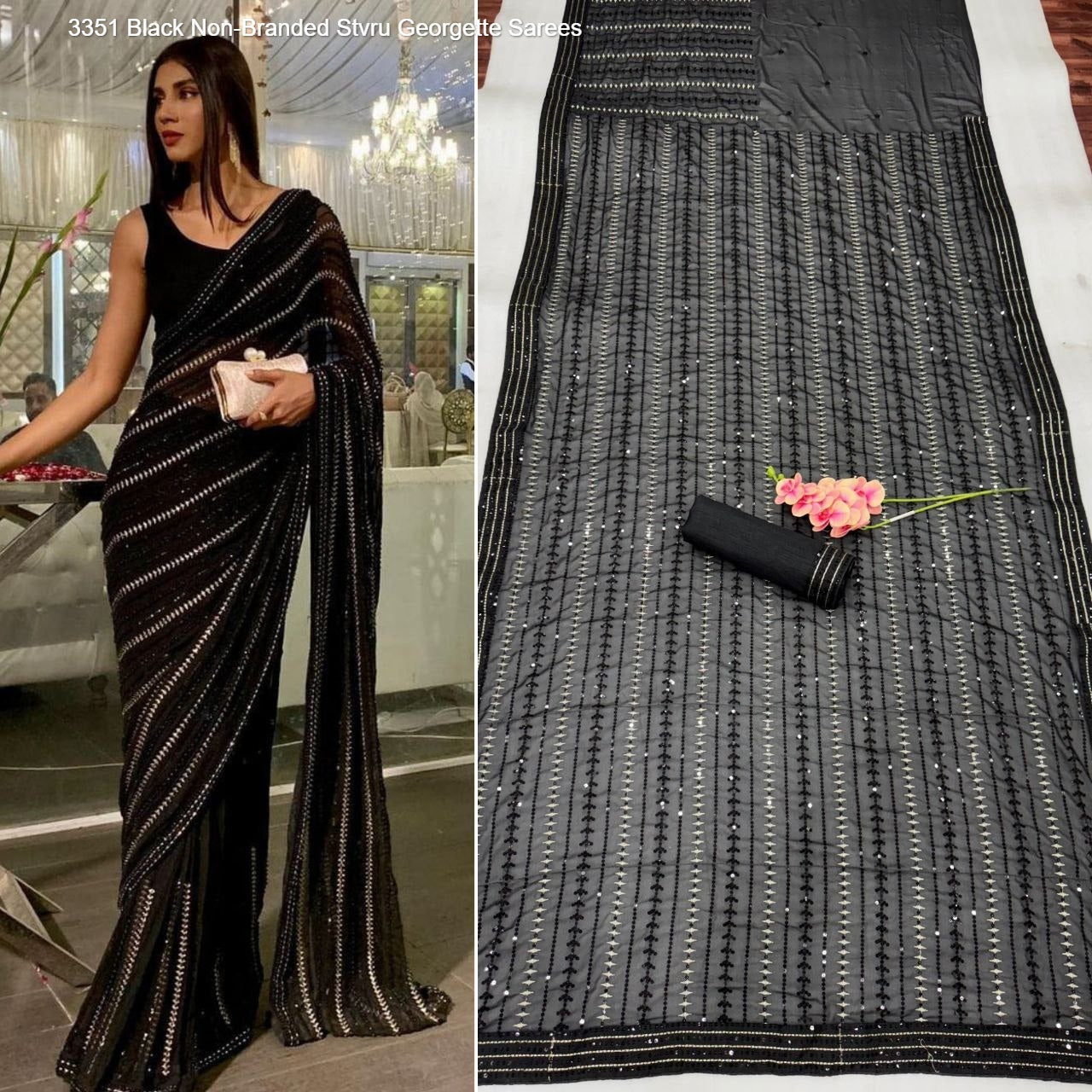 3351 Black Non-Branded Stvru Georgette Sarees