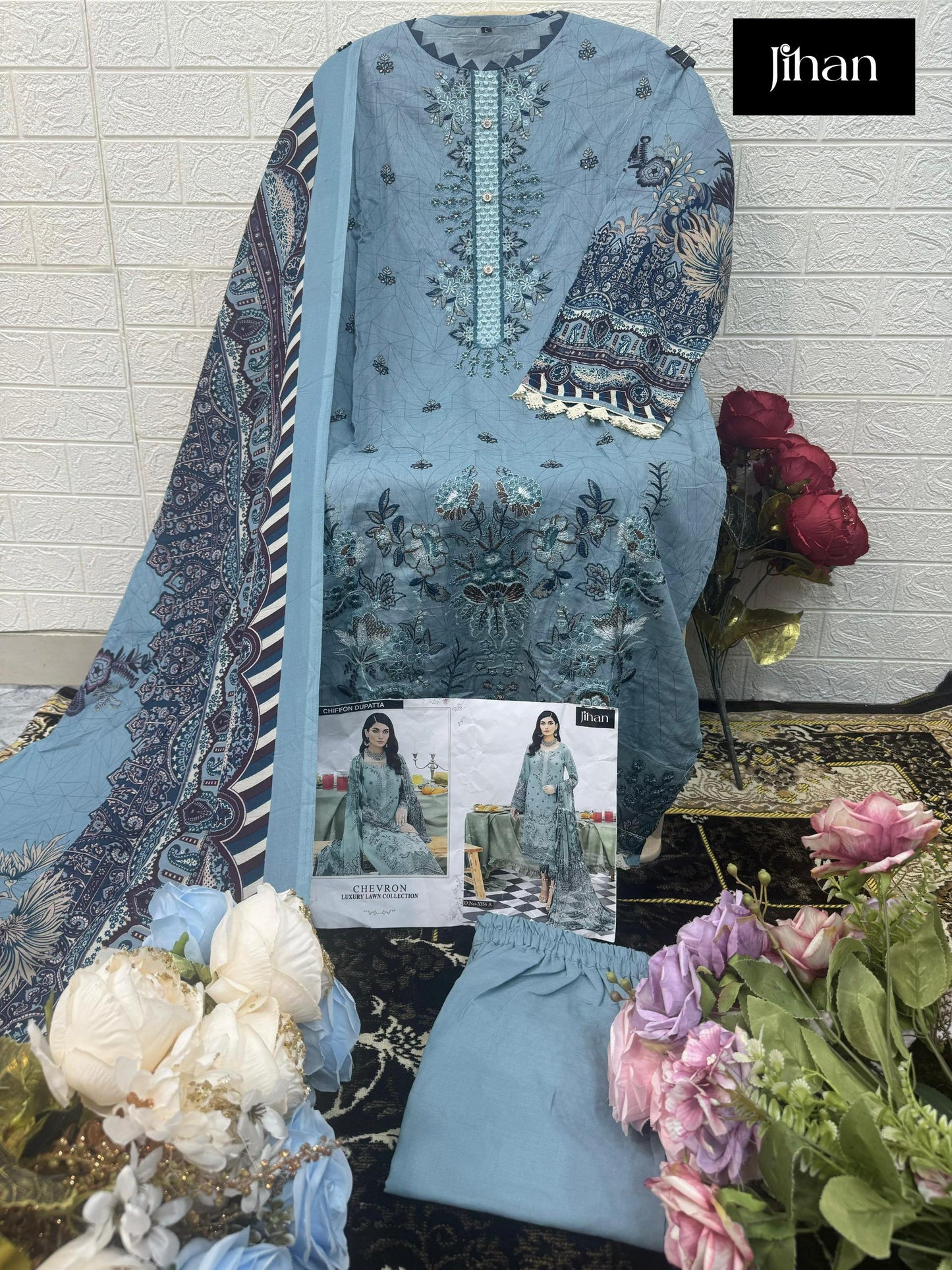 3356A Chevron Luxury Lawn Collection Jihan Embroidery Pakistani Salwar Suits