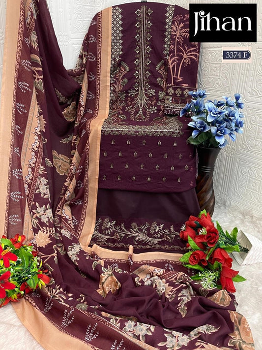 3374-F Chevron Luxury Lawn Collection Jihan Embroidery Pakistani Patch Suits