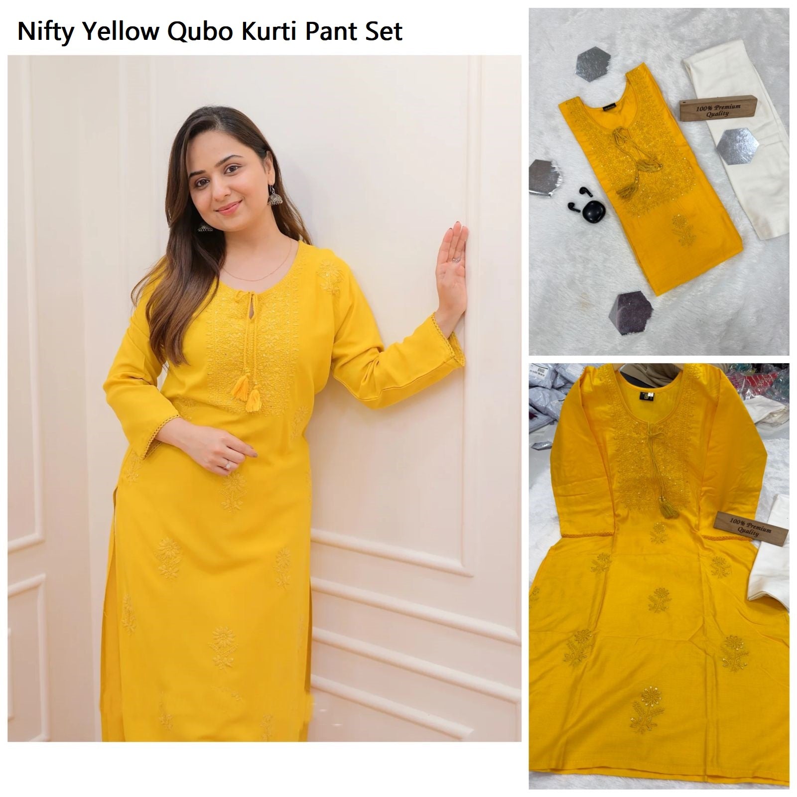 Nifty Yellow Qubo Kurti Pant Set